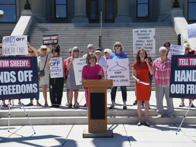 Planned Parenthood Advocates of Montana CEO Martha Fuller, Representative Laura Smith (HD-79), and former State Senator Diane Sands outlined Sheehy’s determination to strip away the freedoms of Montana women. June 24, 2024. (Montana Democrats)