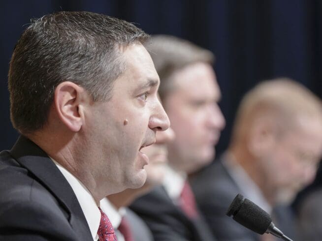 Montana Attorney General Austin Knudsen, left, testifies during a House Committee on Homeland Security hearing on Capitol Hill, Wednesday, Jan. 10, 2024, in Washington. (AP Photo/Mariam Zuhaib)