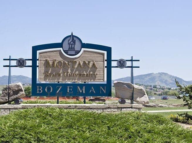 Looking northwest at a sign on the southwest corner of the campus of Montana State University in Bozeman, Montana. (Wikimedia Commons)