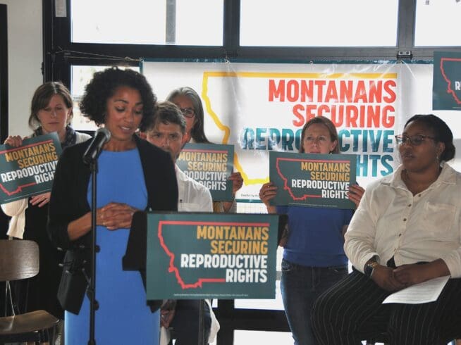 Akilah Deernose, director of Montana’s ACLU chapter, speaks at rally for reproductive rights. (Richard Manning)