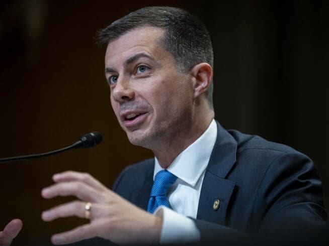 Secretary of Transportation Pete Buttigieg during a Senate Appropriations Subcommittee hearing on President Biden's 2025 budget for the Department of Transportation, at the U.S. Capitol, in Washington, D.C., on Thursday, May 2, 2024. (Graeme Sloan/Sipa USA)(Sipa via AP Images)