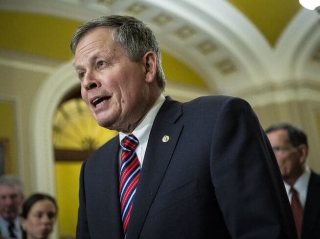 Senator Steve Daines (R-MT) speaks to media during the weekly Senate Republican Leadership press conference, at the U.S. Capitol, in Washington, D.C., on Wednesday, March 6, 2024. (Graeme Sloan/Sipa USA)(Sipa via AP Images)