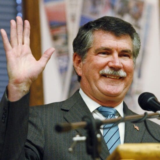 In this June 16, 2011, file photo, Rep. Denny Rehberg, R-Mont., waves before the first debate against incumbent Jon Tester in Big Sky, Mont. Former Montana U.S. Rep. Rehberg is joining a Washington, D.C.-based public-strategy firm as a co-chairman with several other former congressmen. (AP Photo/Michael Albans, File)