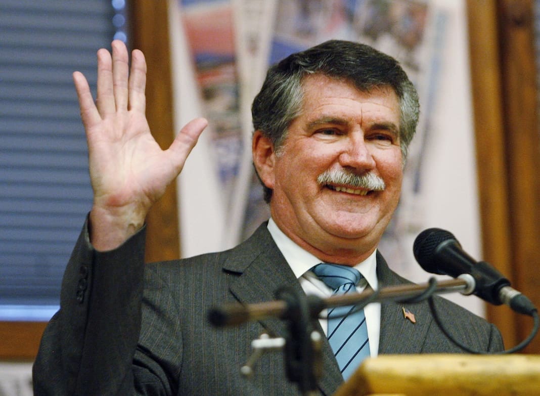 In this June 16, 2011, file photo, Rep. Denny Rehberg, R-Mont., waves before the first debate against incumbent Jon Tester in Big Sky, Mont. Former Montana U.S. Rep. Rehberg is joining a Washington, D.C.-based public-strategy firm as a co-chairman with several other former congressmen. (AP Photo/Michael Albans, File)