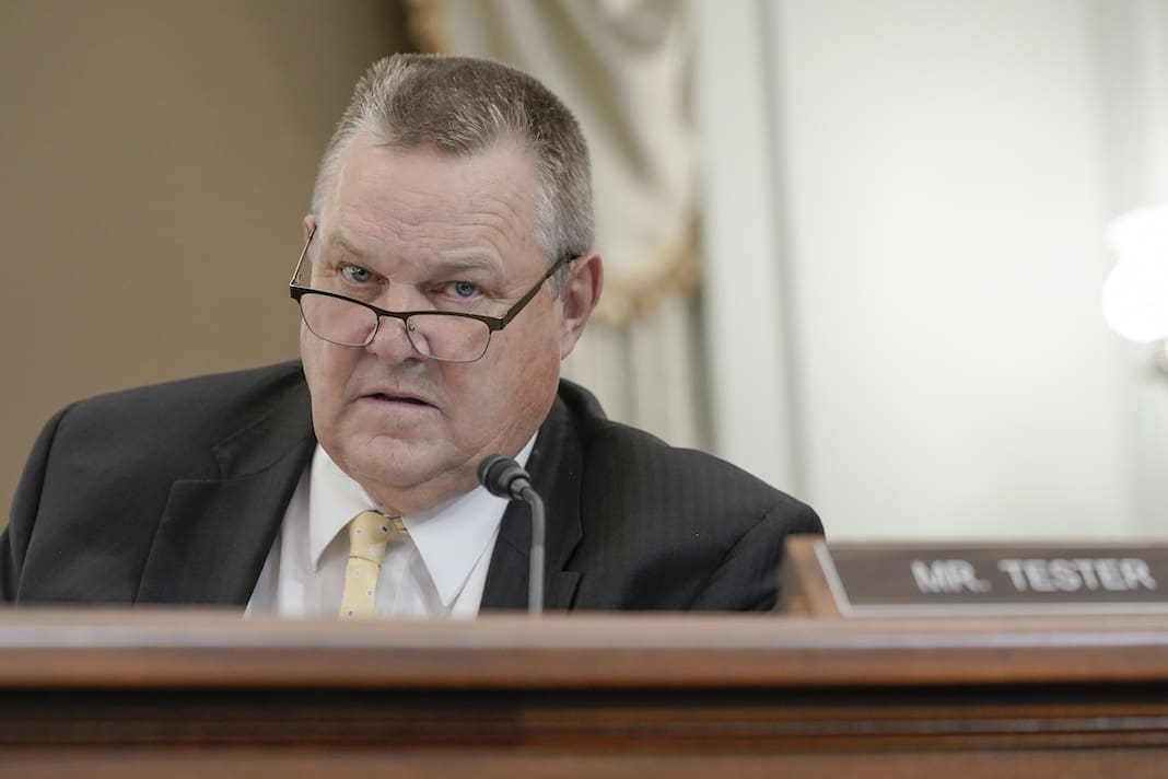 Sen. Jon Tester, D-Mont., questions during a Senate Commerce, Science, and Transportation hearing titled "CHIPS and Science Implementation and Oversight", Wednesday, Oct. 4, 2023, on Capitol Hill in Washington. (AP Photo/Mariam Zuhaib)